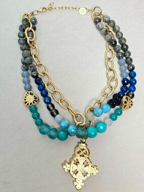 Susan Shaw Multi Strand Beaded Necklace Gold Cross Pendant Semi Precious OS